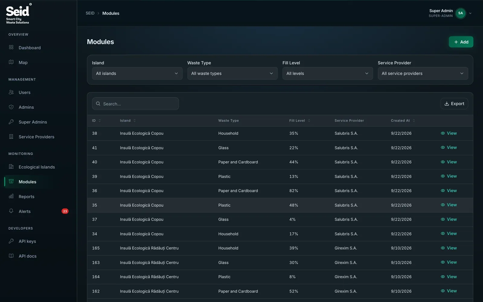 Modules list with filters for island, waste type and fill level.