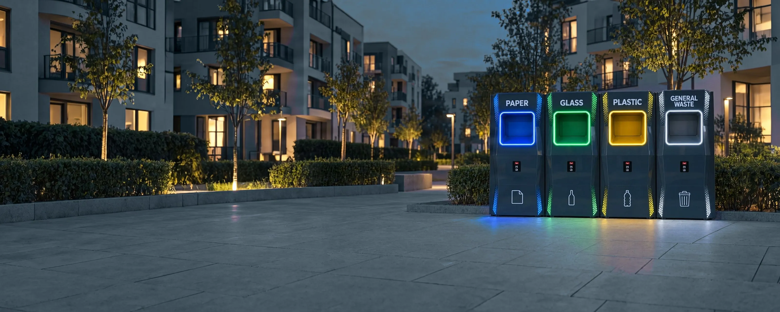 A SEID ecological island on a pavement, with four separate collection streams, each hatch lit in its stream's colour, and a barcode reader on each module.