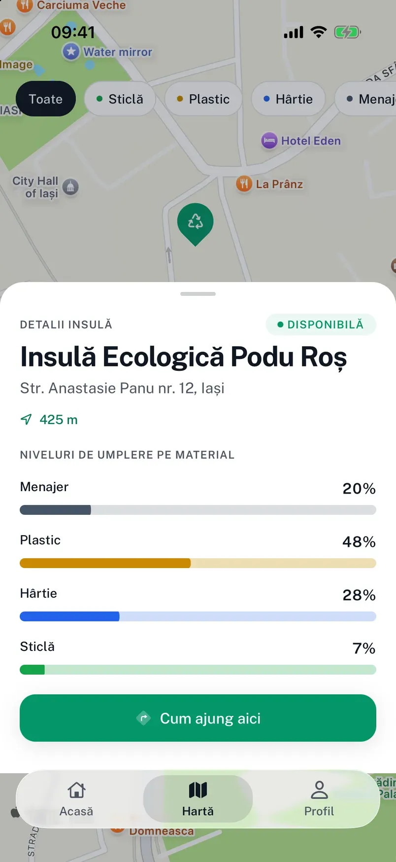Harta insulelor din Iași, cu fișa Insulei Ecologice Podu Roș deschisă: 425 m distanță și nivelul de umplere pe fiecare tip de deșeu